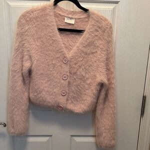 Allie Rose Soft Blush Fuzzy Cropped Cardigan Sweater Medium